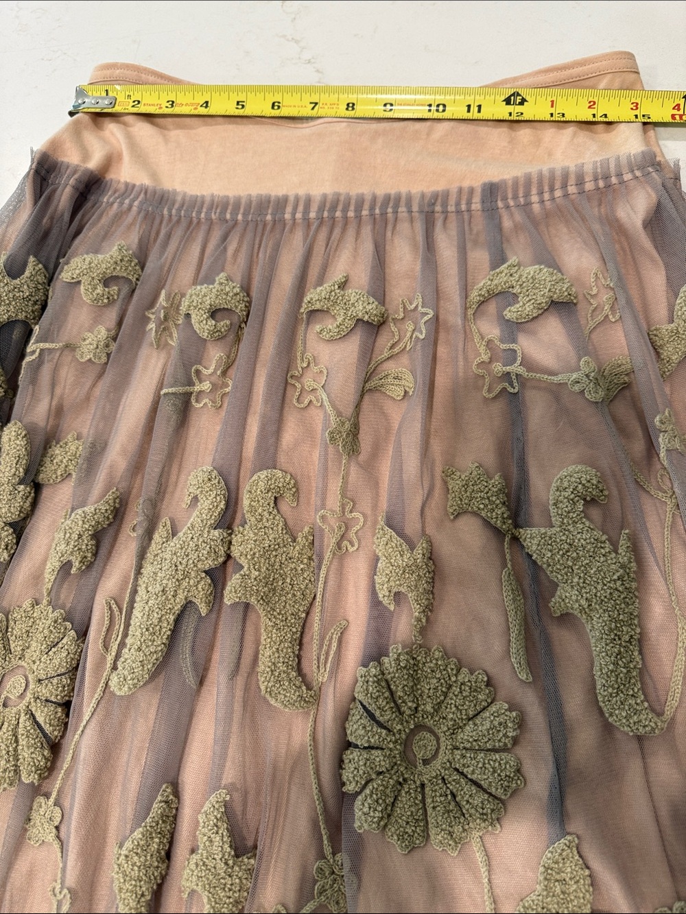 Chan Luu Blush Peach Tulle Midi Skirt with Khaki/ stone Embroidery. - Picture 5 of 6